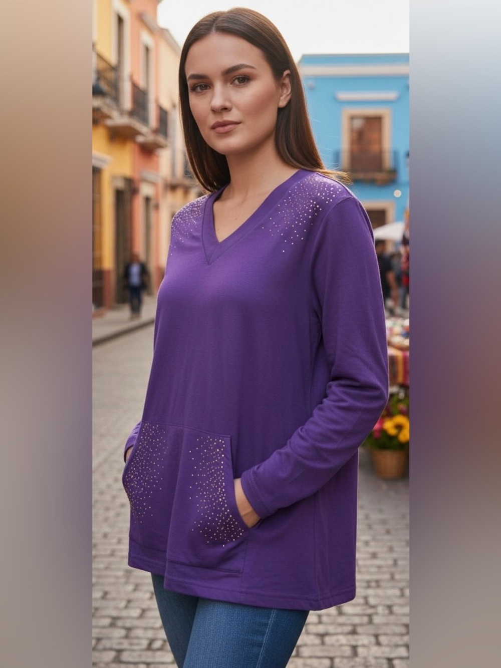 G Unit Fashions Purple Blouse with Rhinestones Size Medium EUC